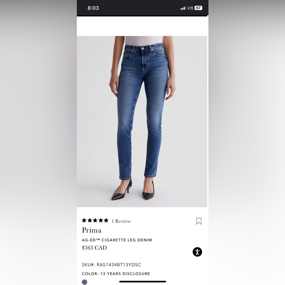 AG jeans prima ankle, cigarette ankle, size 25R